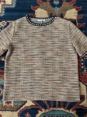 Zara Pearl-Trim Tweed Top — Black, Cream, Pink, Blue